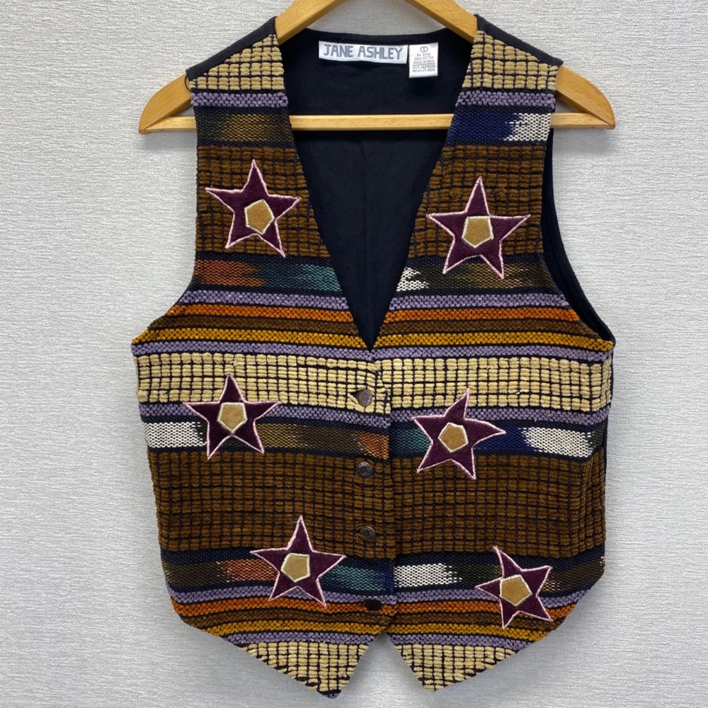Jane Ashley Vintage Cotton Tapestry Vest Star Applique Southwestern Boho Small - Picture 2 of 9